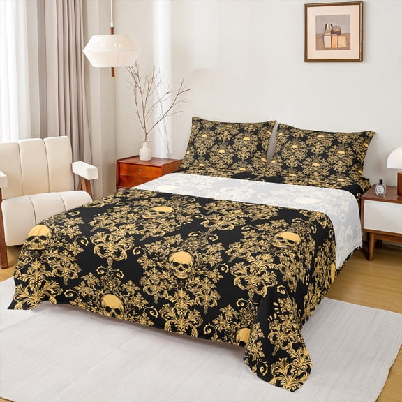 Feelyou Gold Black Damask Full Size Sheets for Women, Gothic Hippie Skeleton Bed Sheets, Retro Bohemian Style Sheet Sets, Microfiber Bedroom Decor, 4 Pieces