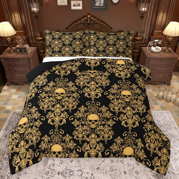 Feelyou Gold Black Damask Queen Comforter Set for Women, Gothic Hippie Skeleton Bedding Sets, Retro Bohemian Style Reversible Bedding Comforter Set, Microfiber Bedroom Decor, 3 Pieces