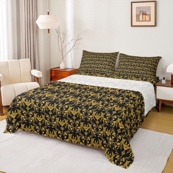 Feelyou Gold Bohemian Damask Twin Sheet Sets, Western Gothic Bat Bedding, 3pcs