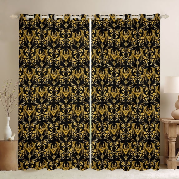 Feelyou Gold Boho Damask Black Out Curtains, Gothic Bat Curtains Pack of 2 (42x63 Each)