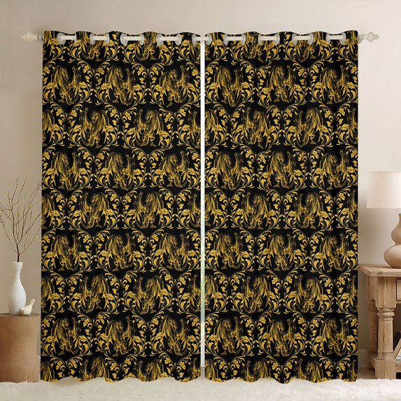 Feelyou Gold Boho Dragon Black Out Curtains, Retro Damask Curtains Pack of 2 (42x63 Each)