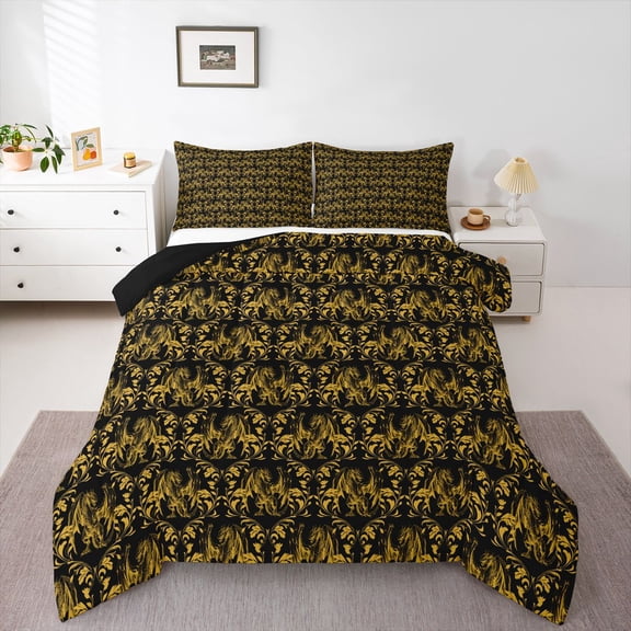 Feelyou Gold Boho Dragon Twin Comforter Sets, Retro Western Damask Bedding Set, 2pcs