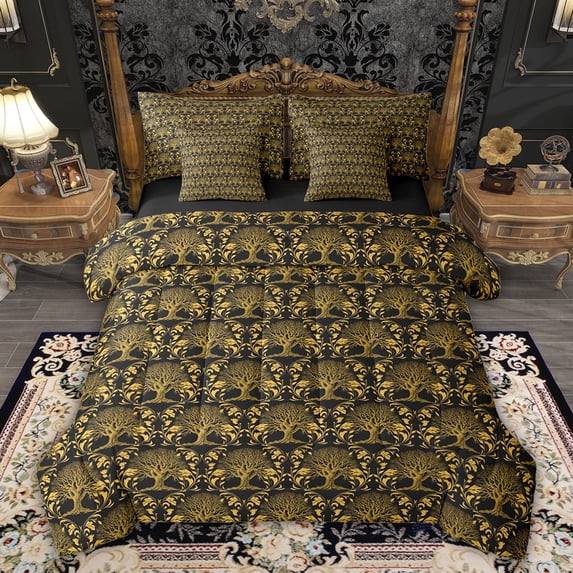 Feelyou Gold Boho Life Tree Comforter Set 7pcs, Rustic Mandala Damask King Bedding Sets
