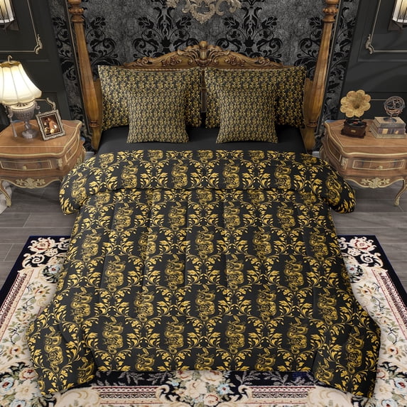 Feelyou Gold Boho Snake Bedding Comforter Set 7pcs, Rustic Mandala Damask Full Bedding Set