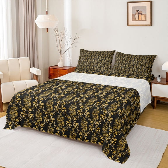 Feelyou Gold Boho Snake Twin Sheet Sets, Rustic Mandala Damask Bedding, 3 Pieces