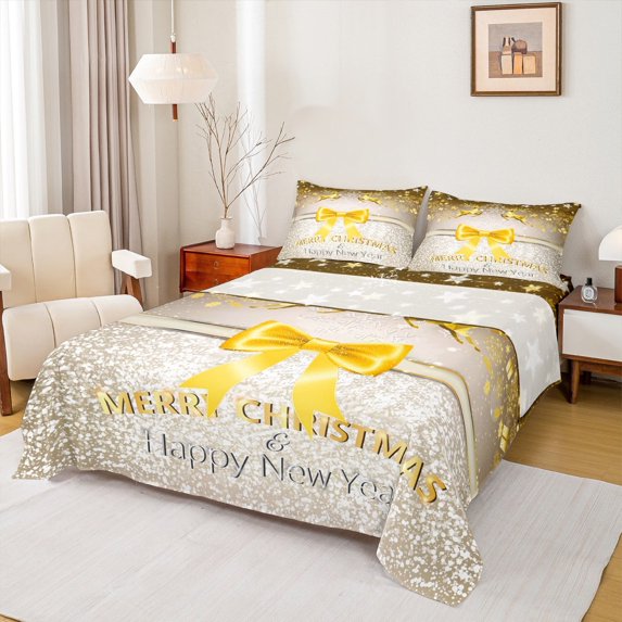 Feelyou Gold Bowknot Bed Sheets for Teens, Glitter Stars Sequin Print King Sheets, Merry Christmas Sheet Set, Lightweight Room Decor, 4pcs
