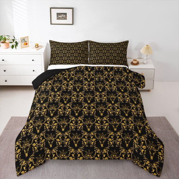 Feelyou Gold Damask Flower Twin Comforter Sets, Tribal Sheep Skull Bedding Set, 2-Piece