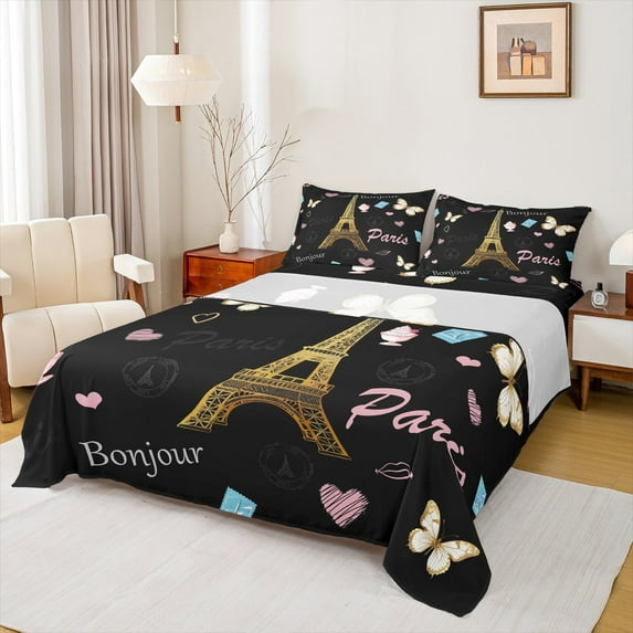 Feelyou Gold Eiffel Tower Full Size Sheets, Fashion Butterfly Bed Sheets, Romantic Love Heart Sheet Sets, Lightweight Room Decor, 4 Pieces