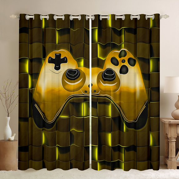 Feelyou Gold Game Controller Black Out Curtains, Neon Honeycomb Abstract Curtains Pack of 2 (42x63 Each), Teens Kids Boys Girls Bedroom Curtains, Window Curtains Home Decor