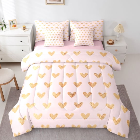 Feelyou Gold Love Heart Twin Bedding Sets 7pcs, Pink Princess Bedding Comforter Set