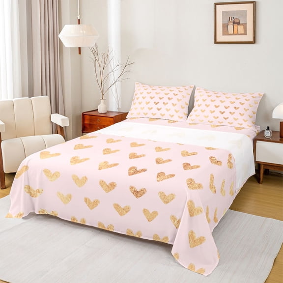Feelyou Gold Love Heart Twin Sheet Sets, Pink Princess Cartoon Bedding, 3pcs
