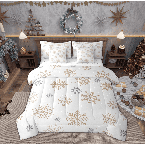 Feelyou Gold Snowflake Print Twin Bedding Sets 7-Piece for Teen, Merry Christmas Bedding Comforter Set, Luxury Fashion Reversible Sheet Sets, Ultra Soft Home Decor