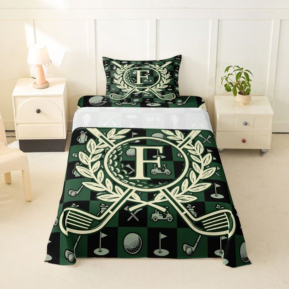 Feelyou Golf Letter F Twin Sheet Sets for Men Women, Green Patchwork Buffalo Bedding, 3pcs