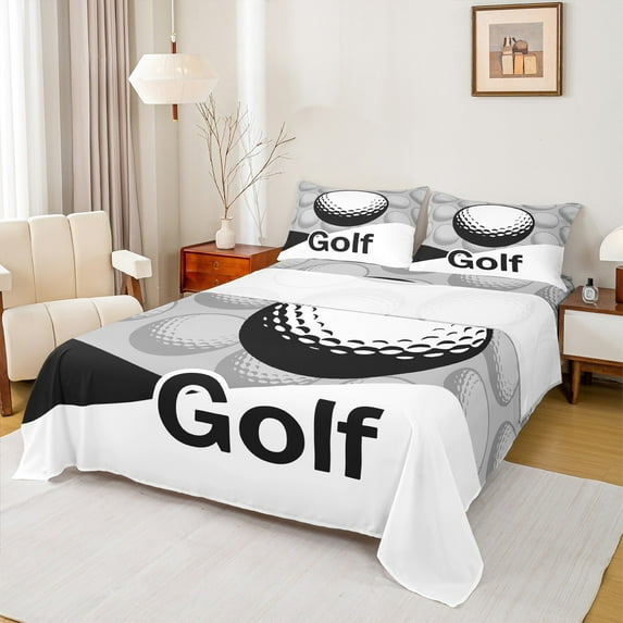 Feelyou Golf Print Child Full Size Sheets, Modern Sports Lover Bed Sheets, White Grey Cartoon Theme Sheet Sets, Microfiber Bedroom Decor, 4-Piece