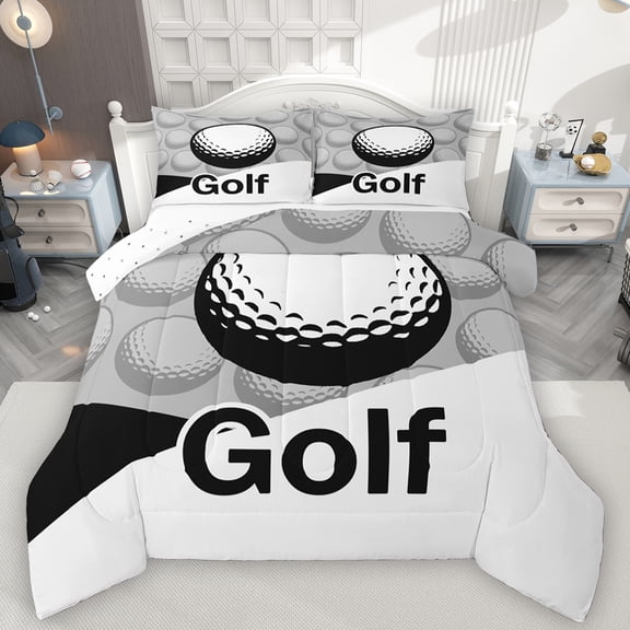 Feelyou Golf Print Child Queen Comforter Set, Modern Sports Lover Bedding Sets, White Grey Cartoon Theme Reversible Bedding Comforter Set, Microfiber Bedroom Decor, 3-Piece