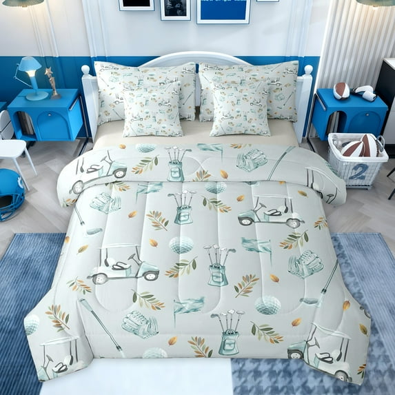 Feelyou Golf Sport Lover Bedding Comforter Set 7pcs for Teens, Plant Botanical King Bedding Sets, Kawaii Cartoon Blue Reversible Bed Sheets, Ultra Soft Bedroom Decor