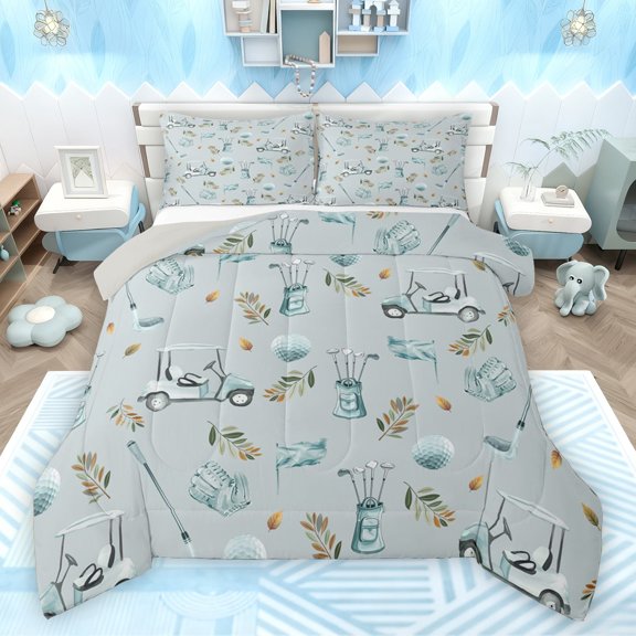 Feelyou Golf Sport Lover Bedding Comforter Set for Teens, Plant Botanical Twin Comforter Sets, Kawaii Cartoon Blue Reversible Bedding Set, Ultra Soft Bedroom Decor, 2-Piece