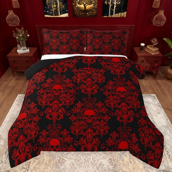 Feelyou Goth Skull Damask Queen Comforter Set, Western Mandala Paisley Bedding Sets, Black Red Boho Flower Reversible Bedding Comforter Set, Breathable Home Decor, 3-Piece