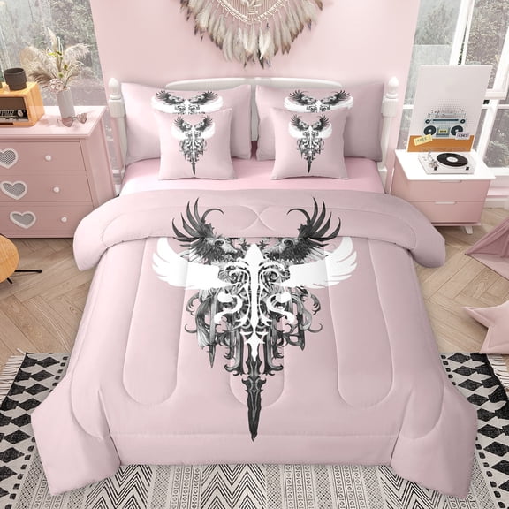 Feelyou Gothic Angel Wings Twin Bedding Sets 7-Piece, Vintage Y2k 2000s Goth Bedding Comforter Set, Teens Kids Girls Boys Reversible Sheet Sets, Lightweight Room Decor