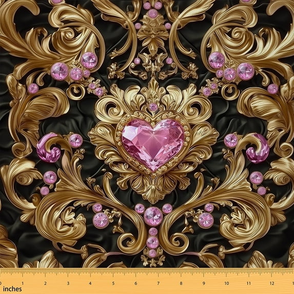 Feelyou Gothic Baroque Damask Fabric by the Yard 1 Yard, Vintage Flower Sewing Fabric, Diamond Love Heart Home Decor Fabric by the Yard, Ultra Soft Home Decor