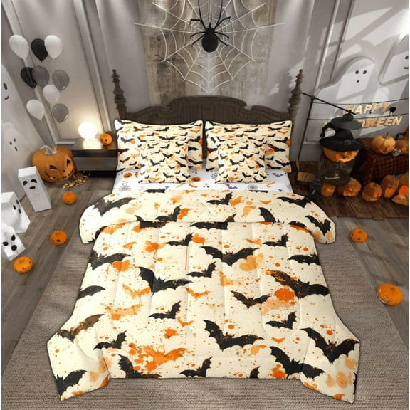 Feelyou Gothic Bat Bedding Comforter Set 7pcs, Happy Halloween King Bedding Sets, Orange Watercolor Reversible Bed Sheets, Breathable Home Decor