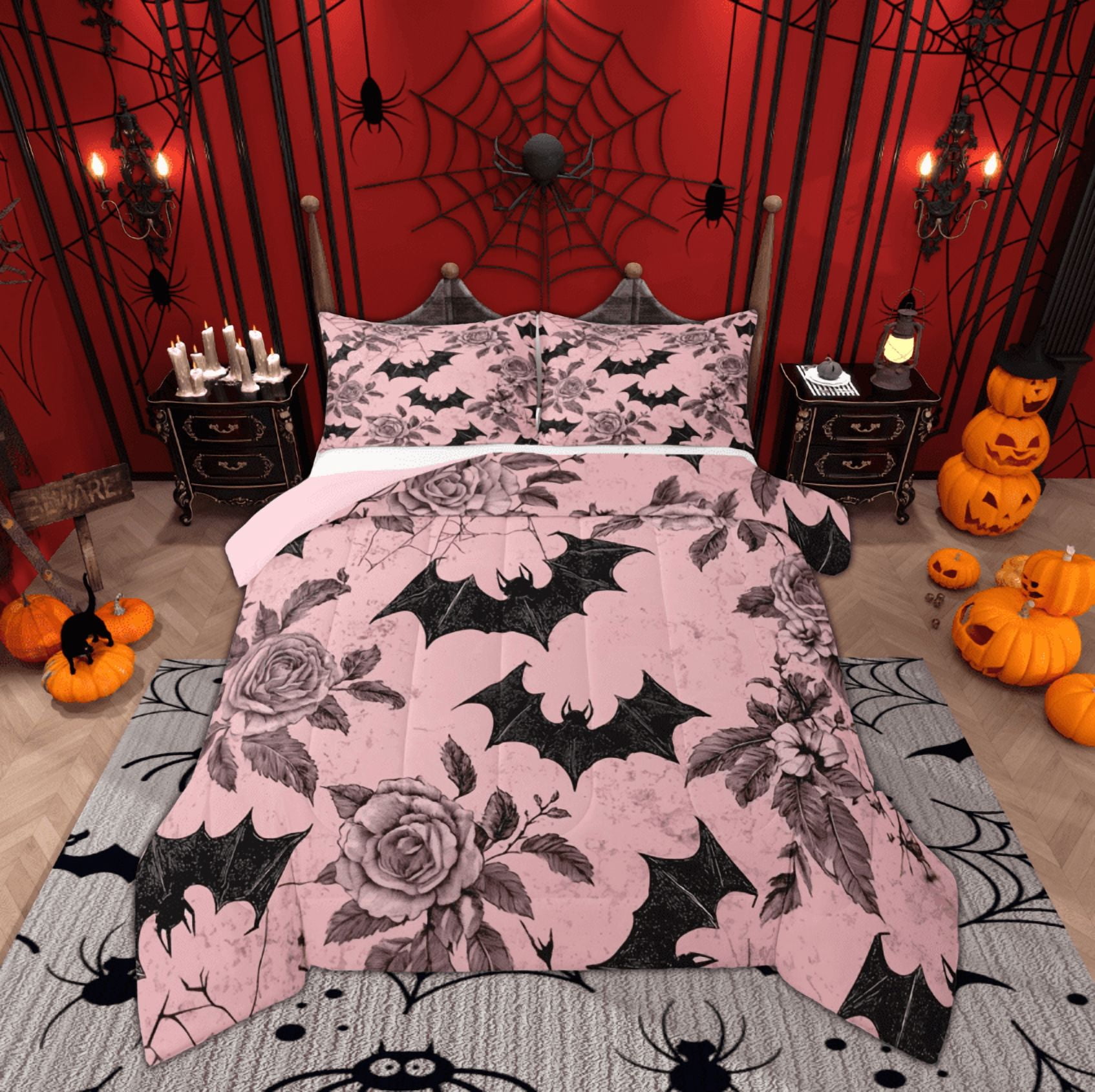 Feelyou Halloween Bat Bedding Set – Pink Ghost Duvet Cover For Kids, Queen Size