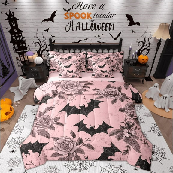 Feelyou Gothic Bat Print Bedding Comforter Set 7 Pieces, Vintage Pink Rose Full Bedding Set, Western Halloween Reversible Fitted Sheet Flat Sheet, Luxury Bedroom Decor