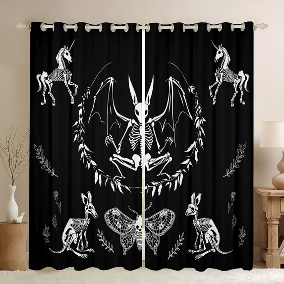 Feelyou Gothic Bat Skeleton Blackout Curtains Set of 2 (52x84 Each), Jungle Moth Butterfly Window Curtains, Hippie Kangaroo Skull Curtains and Drapes, Living Room Curtains Decor