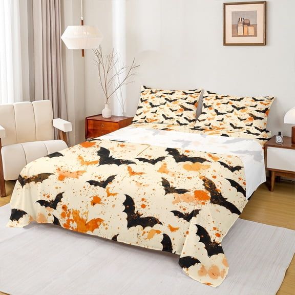 Feelyou Gothic Bat Twin Sheet Sets, Happy Halloween Twin Fitted Sheet, Orange Watercolor Flat Sheet, Breathable Home Decor,3 Pieces