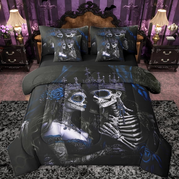 Feelyou Gothic Couple Skeleton Bedding Comforter Set 7pcs, Valentines Day King Bedding Sets, Romantic Blue Rose Flower Reversible Bed Sheets, Super Cozy Room Decor