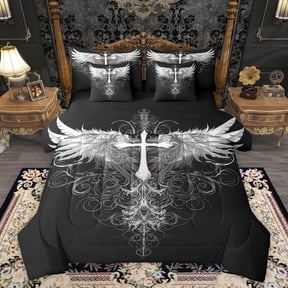 Feelyou Gothic Cross Print Bedding Comforter Set 7 Pieces for Teen, Dreamy Angel Wing Full Bedding Set, Artwork Graffiti Reversible Fitted Sheet Flat Sheet, Microfiber Bedroom Decor