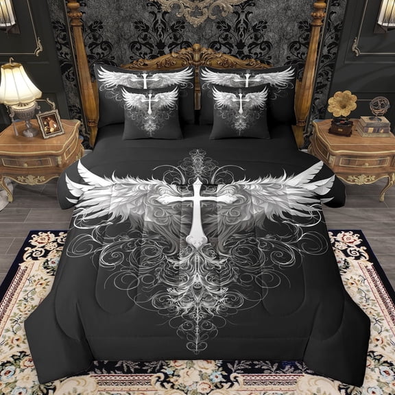 Feelyou Gothic Cross Print Bedding Comforter Set 7pcs for Teen, Dreamy Angel Wing King Bedding Sets, Artwork Graffiti Reversible Bed Sheets, Microfiber Bedroom Decor