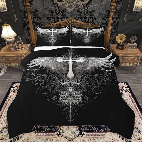 Feelyou Gothic Cross Print Queen Comforter Set for Teen, Dreamy Angel Wing Bedding Sets, Artwork Graffiti Reversible Bedding Comforter Set, Microfiber Bedroom Decor, 3pcs