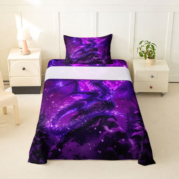 Feelyou Gothic Dragon Twin Sheet Sets for Boys, Glitter Print Stars Animal Bedding, Black Violet, 3pcs