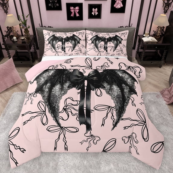 Feelyou Gothic Dreamy Angel Bedding Comforter Set for Kids, Cute Ribbon Bow-tie Twin Comforter Sets, Kawaii Pink Cartoon Reversible Bedding Set, Lightweight Room Decor, 2pcs