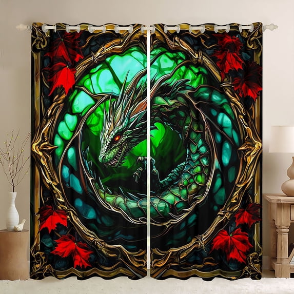 Feelyou Gothic Green Dragon Blackout Curtains Set of 2 (52x84 Each) Wildlife for Boys, Ink Autumn Leaf Window Curtains, Green Black