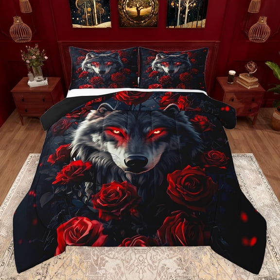 Feelyou Gothic Magic Wolf Bedding Comforter Set, Romantic Red Flower Twin Comforter Sets, Happy Valentines Day Reversible Bedding Set, Ultra Soft Bedroom Decor, 2 Pieces