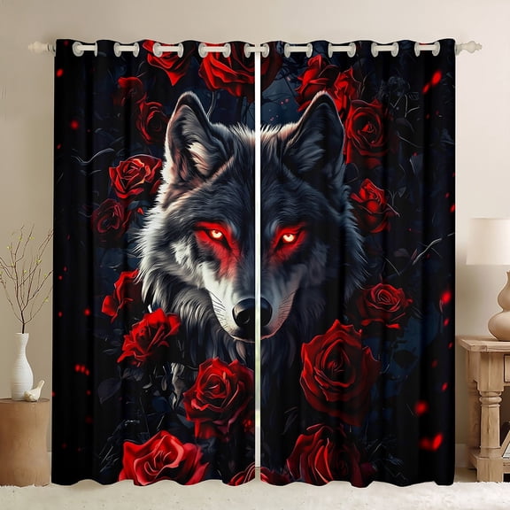 Feelyou Gothic Magic Wolf Blackout Curtains Set of 2 (52x84 Each), Romantic Red Flower Window Curtains, Happy Valentines Day Curtains and Drapes, Living Room Curtains Decor