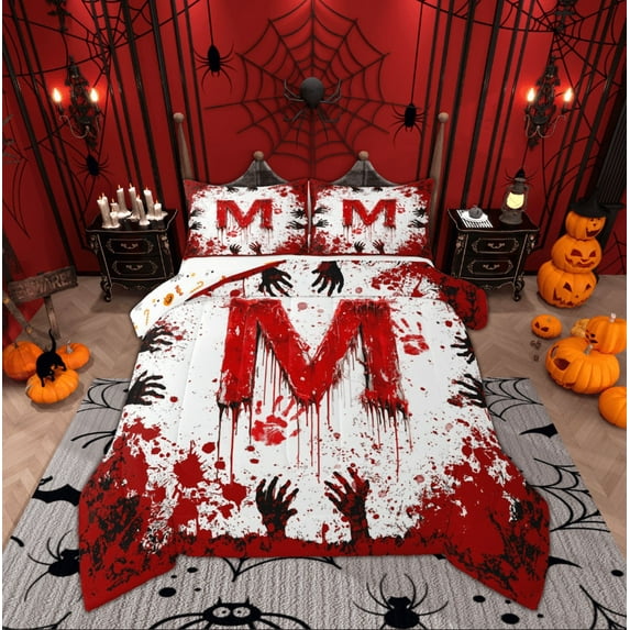 Feelyou Gothic Monogrammed M Full Size Comforter Sets, Horror Hand Print Bedding Comforter Set, Happy Halloween Reversible Bedding Sets, Super Cozy Room Decor, 3pcs