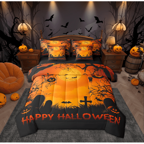 Feelyou Gothic Pumpkin Ghost Bedding Comforter Set 7-Piece for Kid, Black Orange King Bedding Sets, Happy Halloween Style Reversible Bed Sheets, Ultra Soft Home Decor