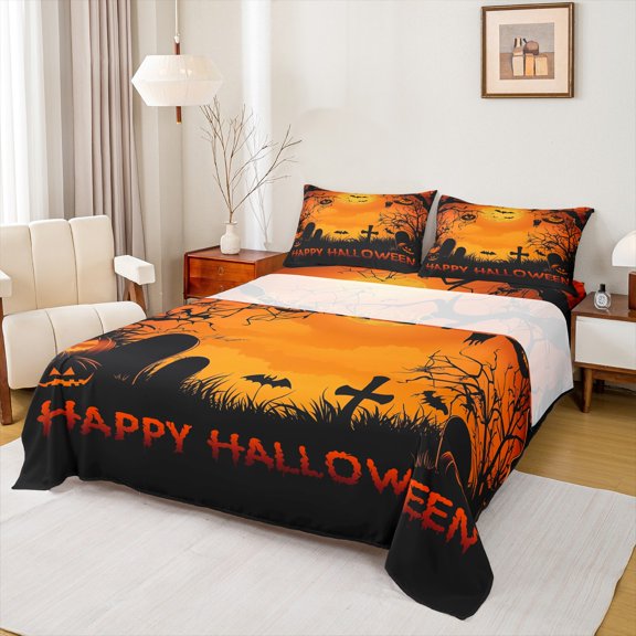 Feelyou Gothic Pumpkin Ghost Twin Sheet Sets for Kid, Black Orange Twin Fitted Sheet, Happy Halloween Style Flat Sheet, Ultra Soft Home Decor, 3pcs