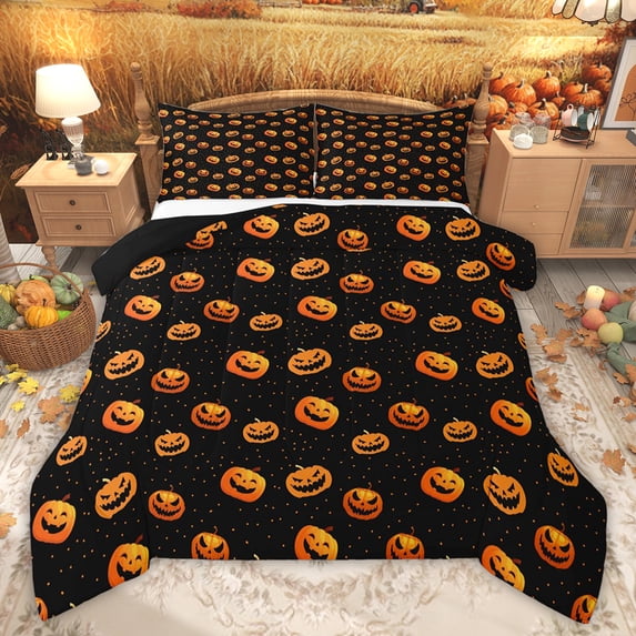 Feelyou Gothic Pumpkin Twin Comforter Sets, Black Orange Halloween Bedding Set, 2 Pieces