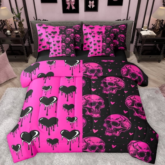 Feelyou Gothic Romantic Skull Bedding Comforter Set 7pcs, Black Pink Love Heart Queen Bedding Sets, Valentines Day Reversible Queen Sheet Sets, Lightweight Room Decor