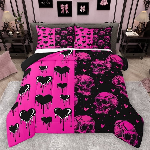Feelyou Gothic Romantic Skull Bedding Comforter Set, Black Pink Love Heart Twin Comforter Sets, Valentines Day Reversible Bedding Set, Lightweight Room Decor, 2 Pieces