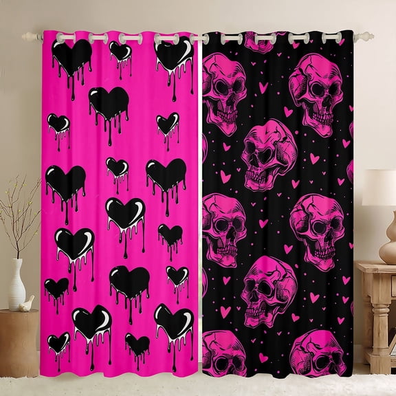 Feelyou Gothic Romantic Skull Black Out Curtains, Black Pink Love Heart Curtains Pack of 2 (42x63 Each), Valentines Day Bedroom Curtains, Blackout Curtains Room Decor