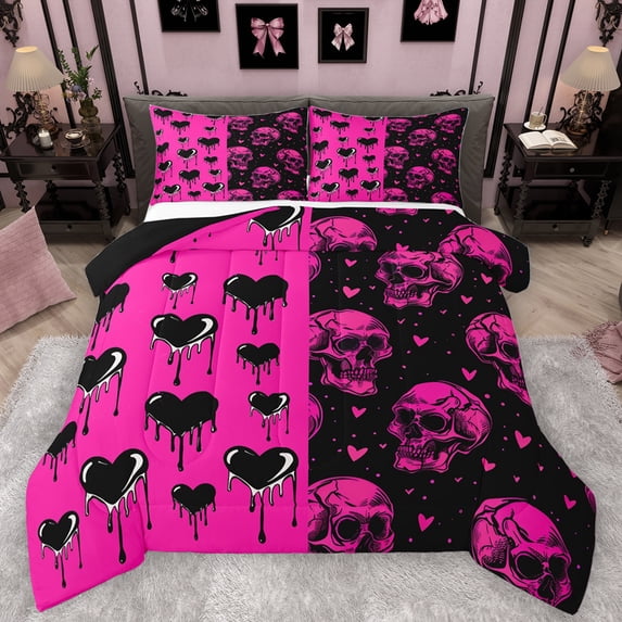 Feelyou Gothic Romantic Skull Queen Comforter Set, Black Pink Love Heart Bedding Sets, Valentines Day Reversible Bedding Comforter Set, Lightweight Room Decor, 3 Pieces