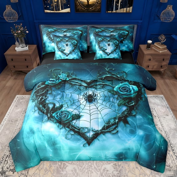 Feelyou Gothic Romantic Spider Bedding Comforter Set 7 Pieces, Love Heart Thorny Rose Full Bedding Set, Couple Anniversary Cyan Reversible Fitted Sheet Flat Sheet, Breathable Home Decor