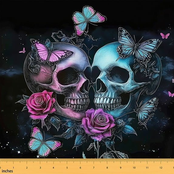 Feelyou Gothic Skeleton Fabric by the Yard 3 Yards for Couple, Valentines Rose Floral Sewing Fabric, Butterfly Home Decor Fabric by the Yard, Super Cozy Room Decor