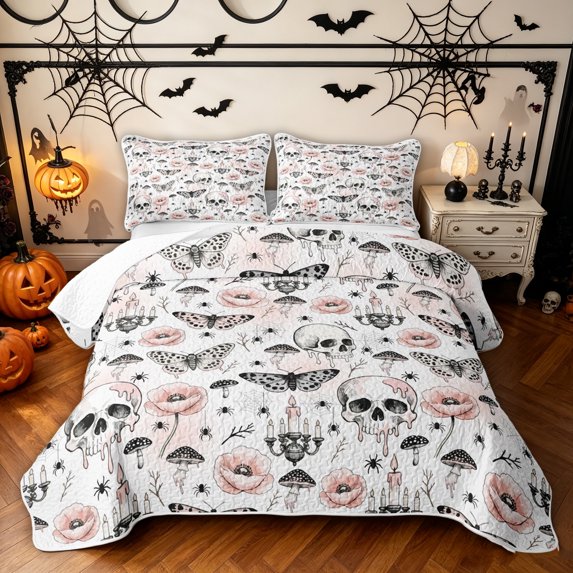 Feelyou Gothic Skeleton Quilt King, Boho Moth Mushroom King Coverlet Set, Light Pink, 3 Pieces, 1 Comforter and 2 Pillowcases