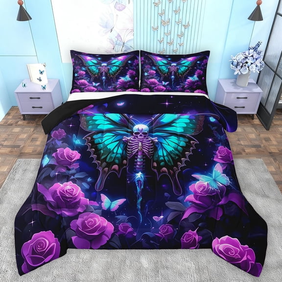 Feelyou Gothic Skeleton Skull Full Size Comforter Sets, Hippie Blue Butterfly Bedding Comforter Set, Romantic Rose Flower Reversible Bedding Sets, Super Cozy Room Decor, 3pcs